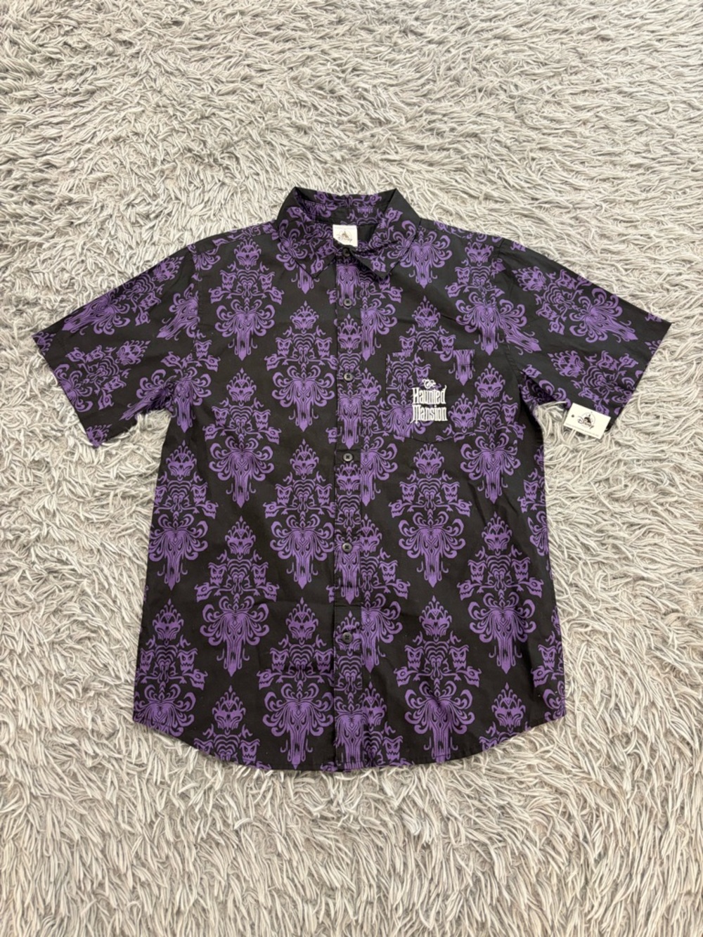NEW Disney Parks The Haunted Mansion Wallpaper Woven Button Up Camp Shirt Small